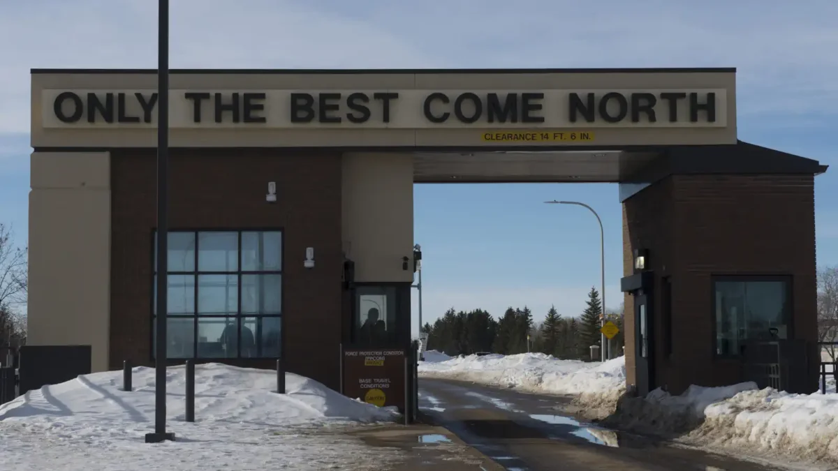 The Magic City Gate leads into Minot Air Force Base, N.D., Jan. 19, 2017. The statement ‘Only the Best Come North’ represents the responsibility placed on all Airmen who enter Minot AFB on a daily basis. Photo by U.S. Air Force photo/Airman 1st Class Alyssa M. Akers